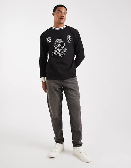 DESIGN Relaxed Long Sleeve T-shirt With Tipping Detail And Sports Graphic In Black
