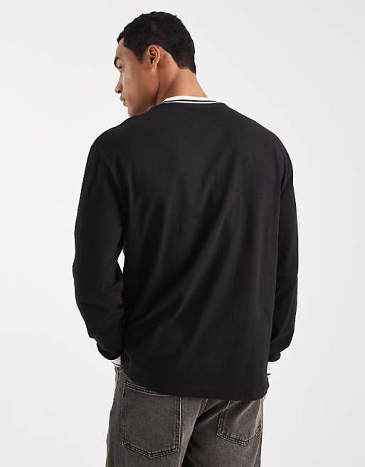 DESIGN Relaxed Long Sleeve T-shirt With Tipping Detail And Sports Graphic In Black