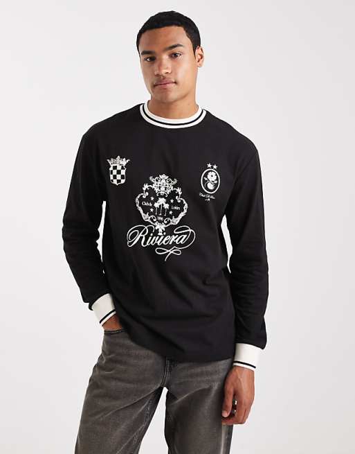 DESIGN relaxed long sleeve t-shirt with tipping detail and sports graphic in black