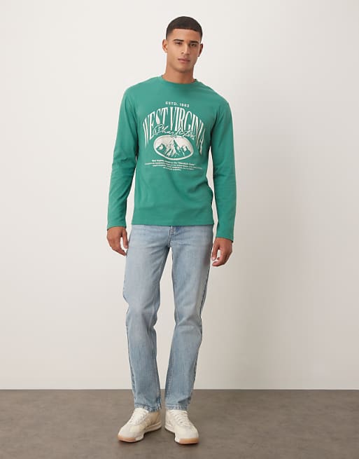 DESIGN Relaxed Long Sleeve T-shirt With Varsity Graphic In Green