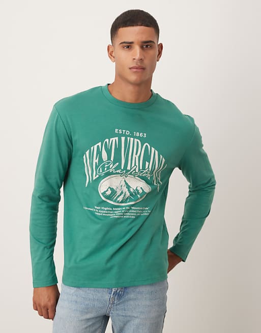 DESIGN relaxed long sleeve t-shirt with varsity graphic in green