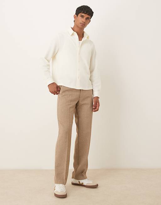 DESIGN Relaxed Long Sleeve Textured Shirt In Beige