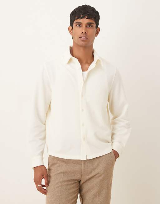 DESIGN relaxed long sleeve textured shirt in beige