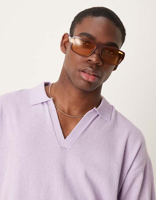 DESIGN Relaxed Notch Neck Knitted Polo In Lilac