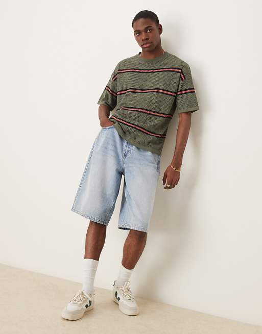 DESIGN Relaxed Open Knitted Stripe T-shirt In Green