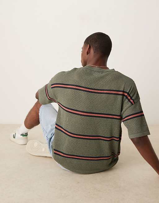 DESIGN Relaxed Open Knitted Stripe T-shirt In Green