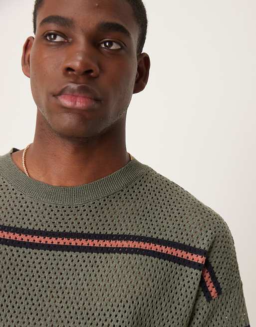 DESIGN Relaxed Open Knitted Stripe T-shirt In Green
