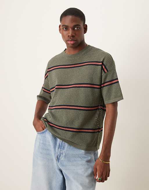 DESIGN relaxed open knitted stripe t-shirt in green