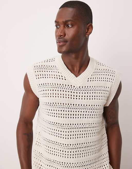 DESIGN relaxed open knitted vest in ecru