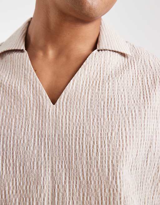 DESIGN Relaxed Overhead Seersucker Shirt In Beige Stripe