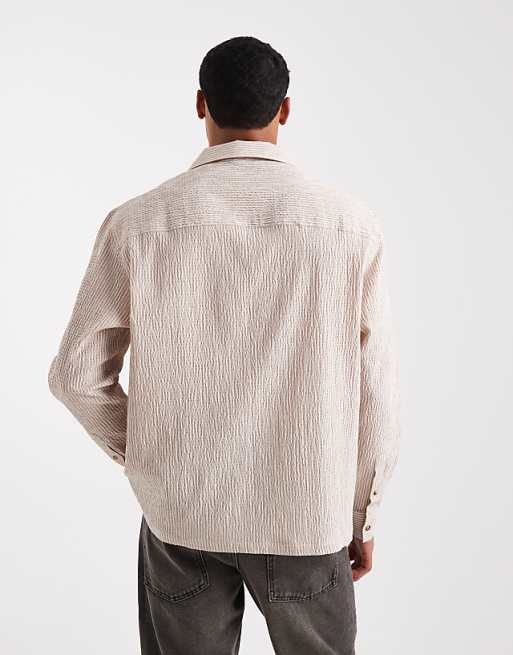 DESIGN Relaxed Overhead Seersucker Shirt In Beige Stripe