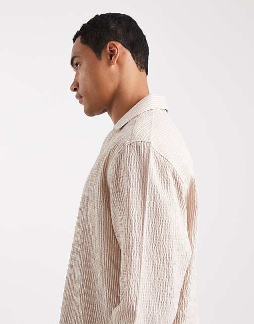 DESIGN Relaxed Overhead Seersucker Shirt In Beige Stripe