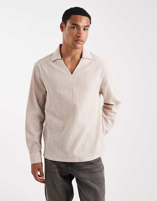 DESIGN relaxed overhead seersucker shirt in beige stripe