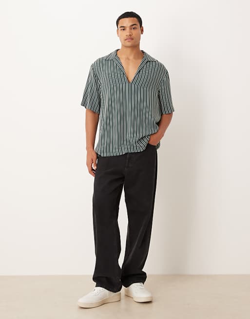 DESIGN Relaxed Overhead Shirt In Dark Green Stripe