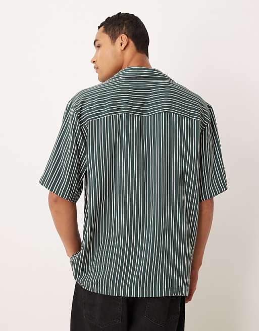 DESIGN Relaxed Overhead Shirt In Dark Green Stripe