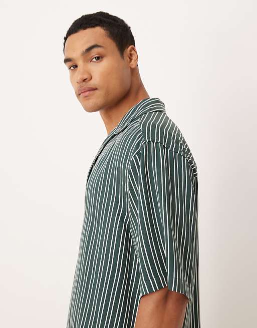 DESIGN Relaxed Overhead Shirt In Dark Green Stripe