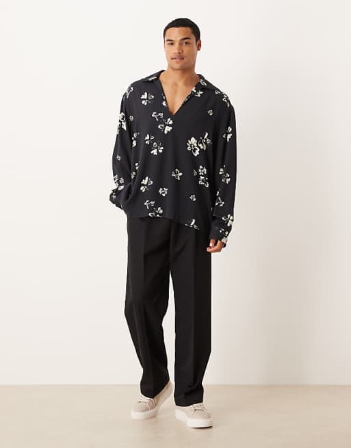 DESIGN Relaxed Overhead Shirt With Floral Print In Black