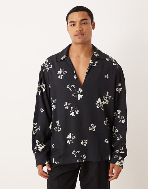 DESIGN relaxed overhead shirt with floral print in black