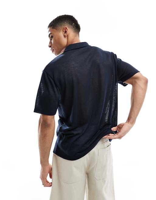 DESIGN Relaxed Polo In Navy Linen Look