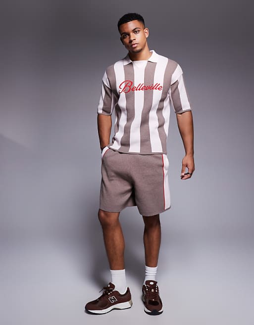 DESIGN relaxed polo jersey with Belleville graphic and shorts co-ord in stone