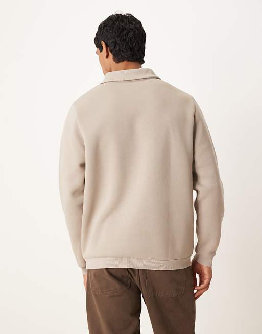 DESIGN Relaxed Polo Sweatshirt With Ribbed Collar In Grey