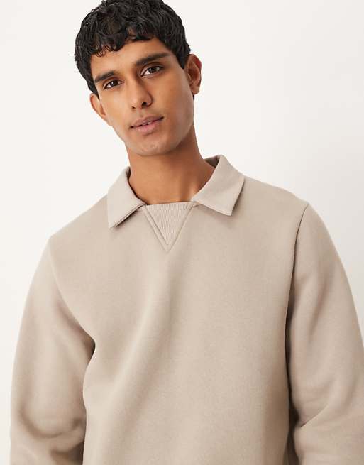 DESIGN Relaxed Polo Sweatshirt With Ribbed Collar In Grey