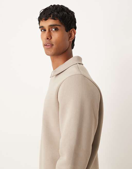 DESIGN Relaxed Polo Sweatshirt With Ribbed Collar In Grey