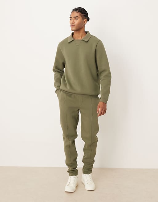 DESIGN Relaxed Polo Sweatshirt With Ribbed Collar In Green