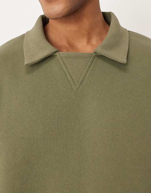 DESIGN Relaxed Polo Sweatshirt With Ribbed Collar In Green