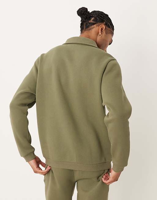 DESIGN Relaxed Polo Sweatshirt With Ribbed Collar In Green