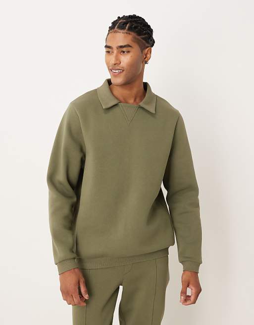 DESIGN relaxed polo sweatshirt with ribbed collar in green