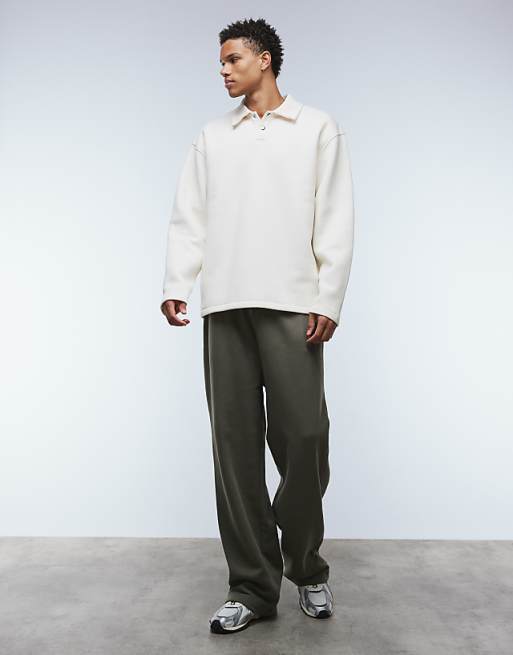 DESIGN Relaxed Polo Sweatshirt With Ribbed Collar In Stone