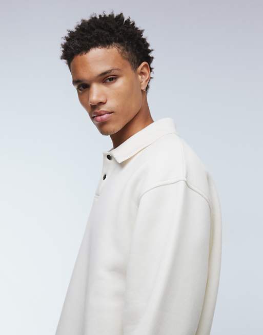 DESIGN Relaxed Polo Sweatshirt With Ribbed Collar In Stone