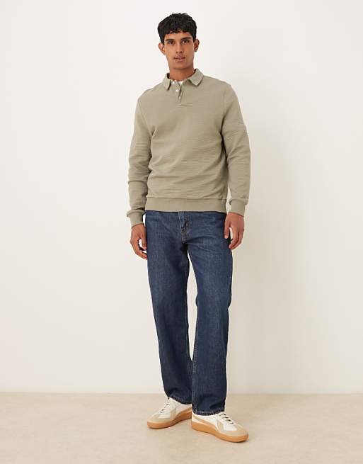 DESIGN Relaxed Polo Sweatshirt With Ribbed Texture In Grey