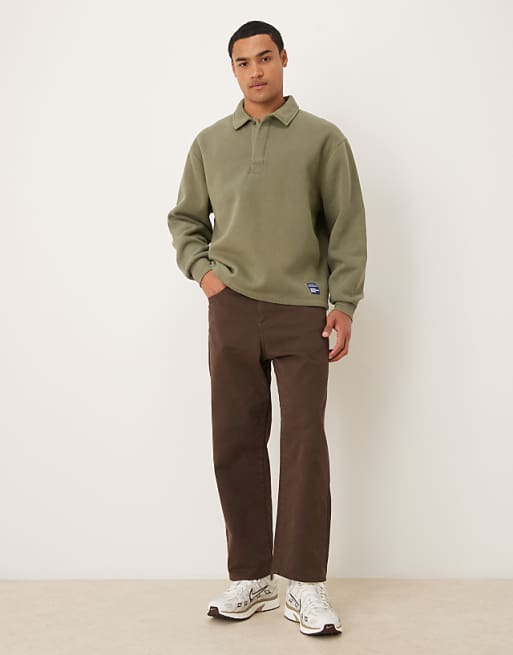 DESIGN Relaxed Polo Sweatshirt With Woven Label Badge In Khaki