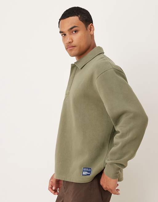 DESIGN Relaxed Polo Sweatshirt With Woven Label Badge In Khaki