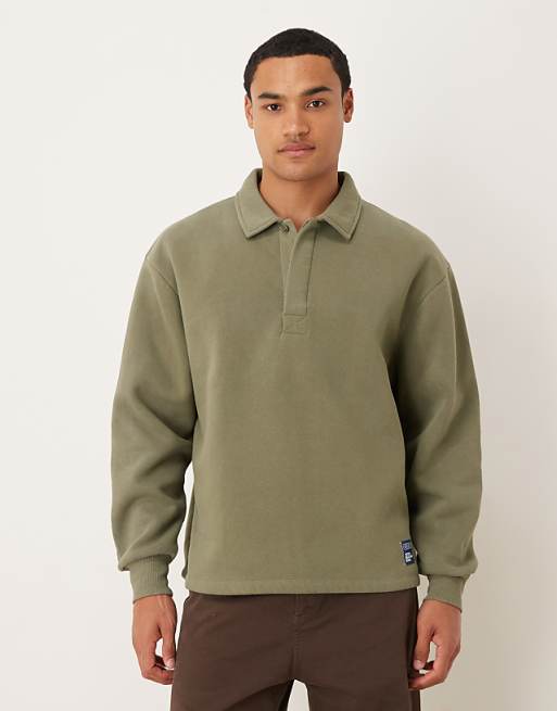 DESIGN relaxed polo sweatshirt with woven label badge in khaki