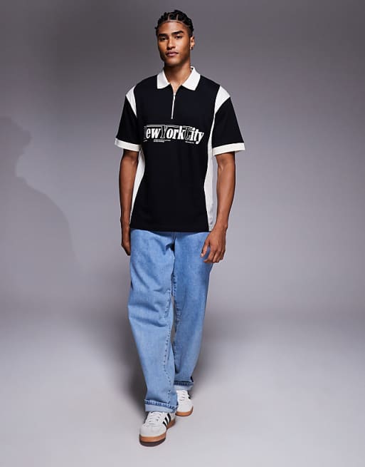 DESIGN Relaxed Polo With City Graphic In Black With Panelling