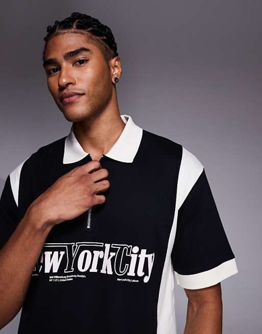 DESIGN Relaxed Polo With City Graphic In Black With Panelling