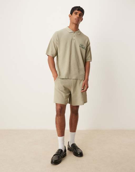 DESIGN Relaxed Polo With Palermo Embroidery And Shorts Co-ord In Sage Green