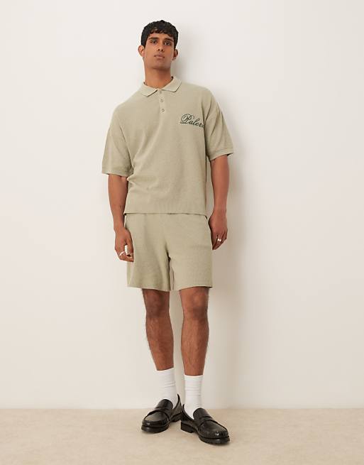 DESIGN relaxed polo with Palermo embroidery and shorts co-ord in sage green