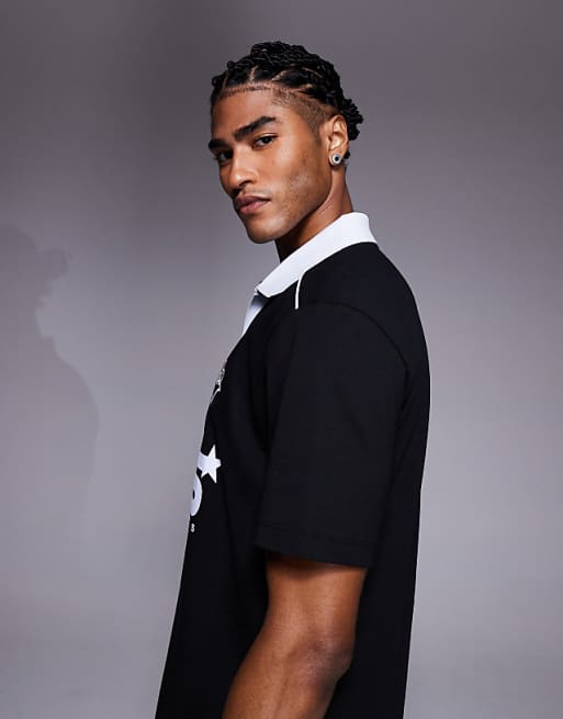 DESIGN Relaxed Polo With Piping Detail And Sports Graphic In Black