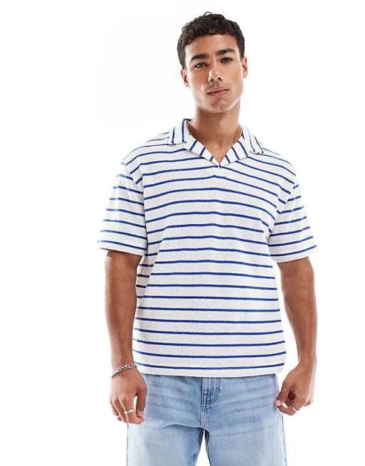 DESIGN Relaxed Polo With Revere Collar In Textured Blue And White Stripe