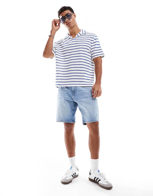 DESIGN Relaxed Polo With Revere Collar In Textured Blue And White Stripe