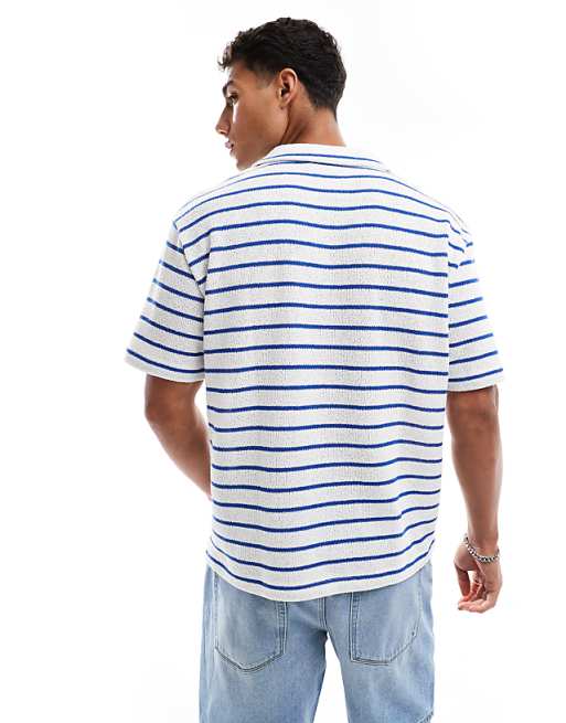 DESIGN Relaxed Polo With Revere Collar In Textured Blue And White Stripe