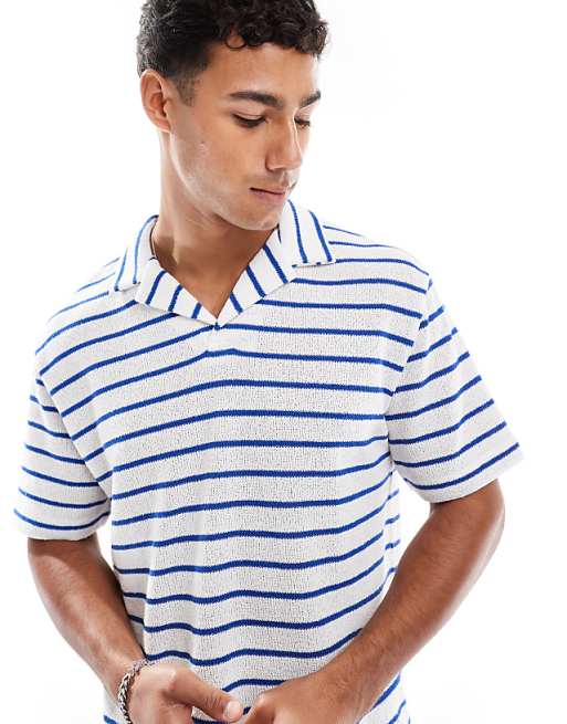 DESIGN relaxed polo with revere collar in textured blue and white stripe