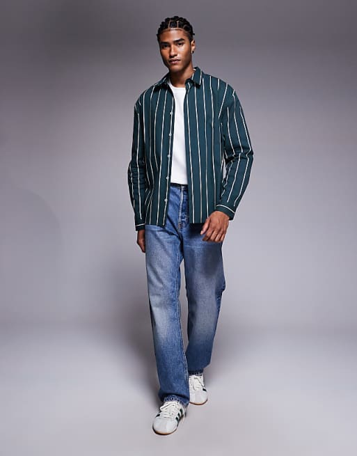 DESIGN Relaxed Poplin Shirt In Green Stripe