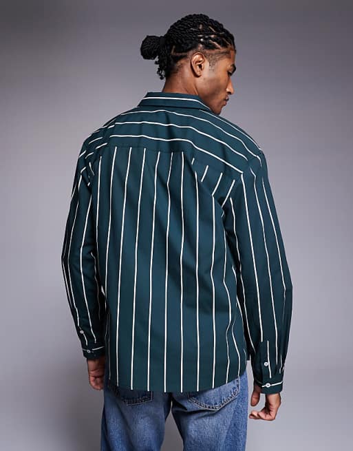 DESIGN Relaxed Poplin Shirt In Green Stripe