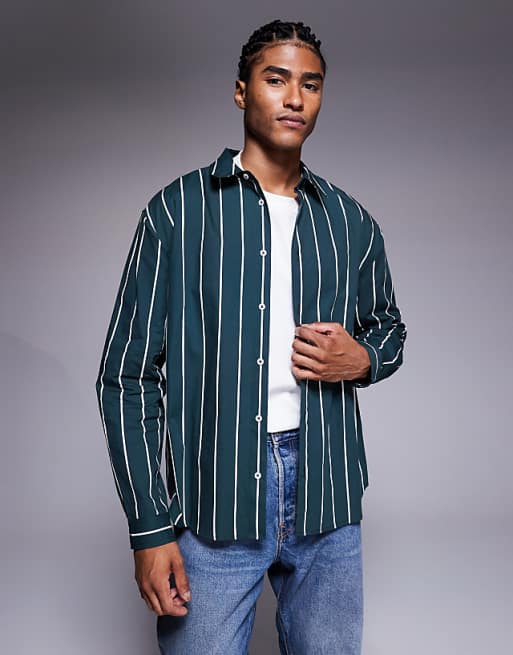 DESIGN relaxed poplin shirt in green stripe