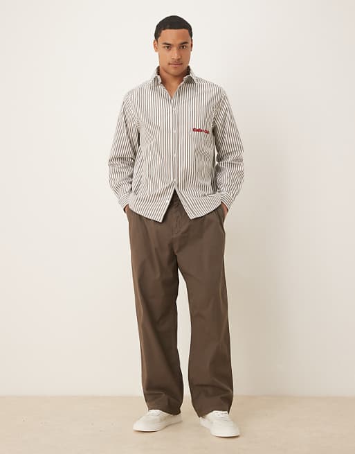 DESIGN Relaxed Poplin Shirt With Chest Embroidery In Brown Stripe